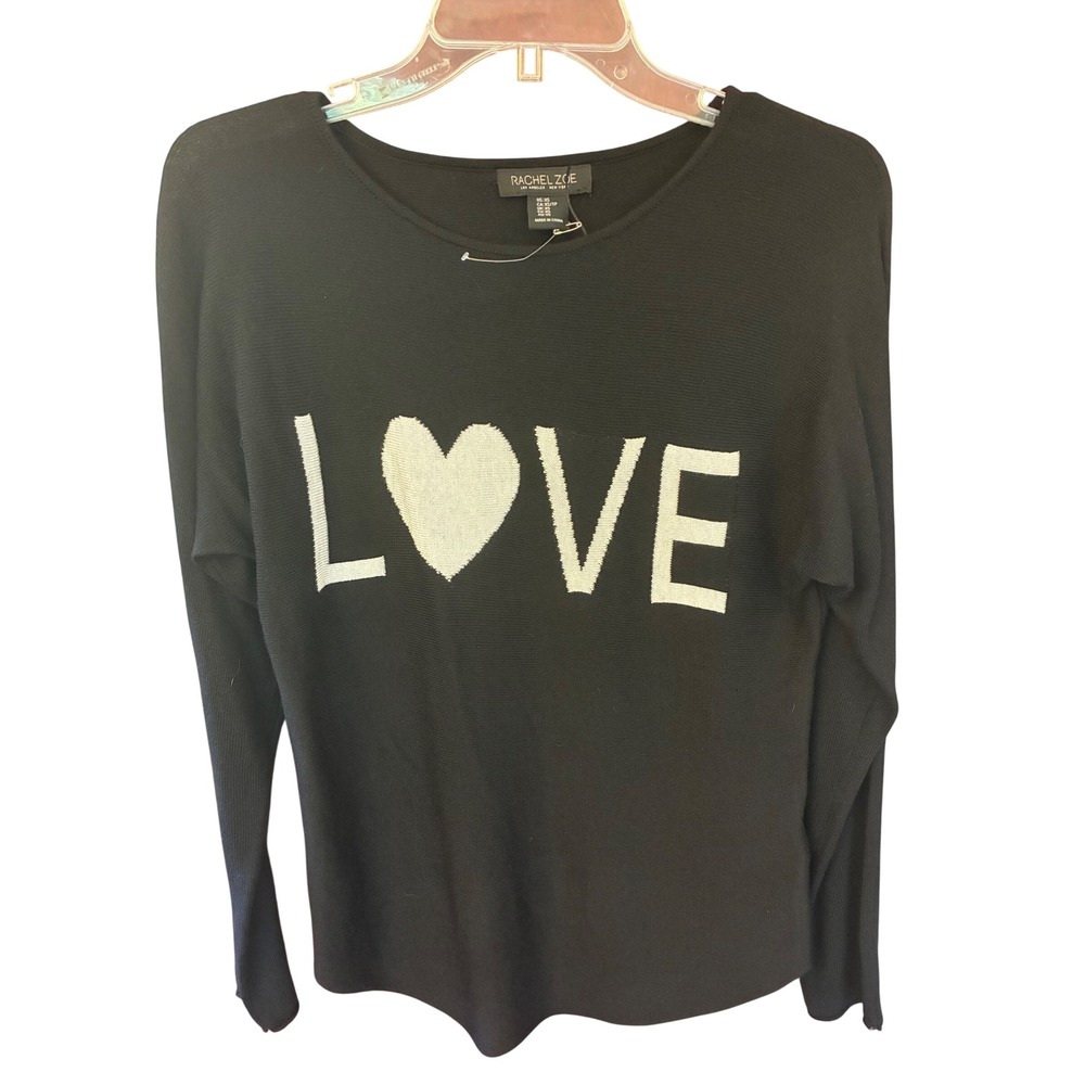 Rachel Zoe Sweater Women XS Black Excellent Love Heart Graphic Long Sleeve Knit